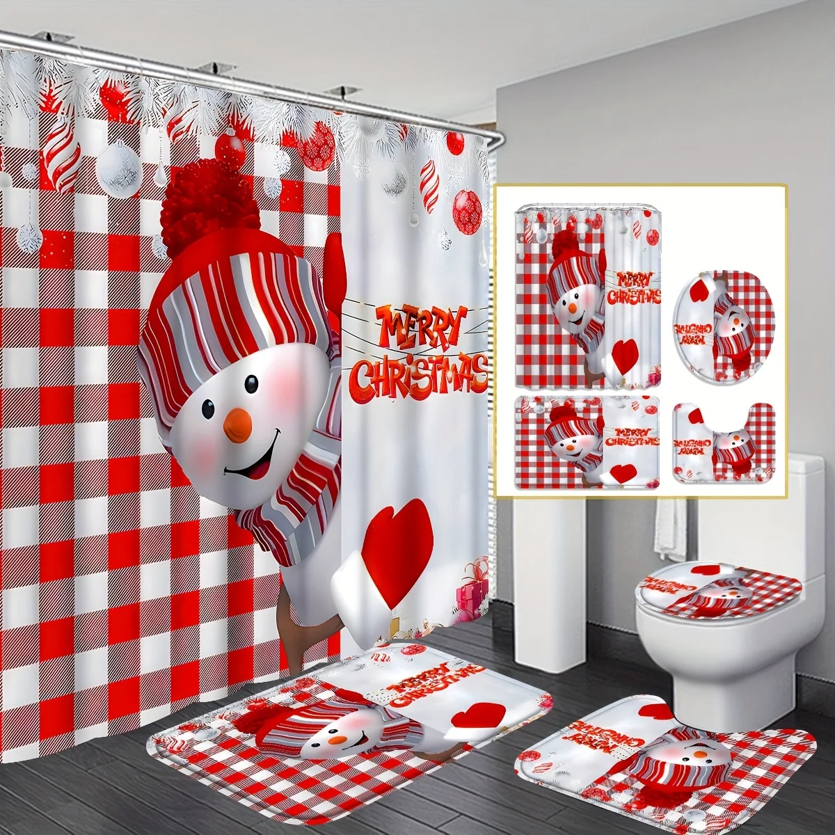 

Праздничный рождественский набор из четырех предметов для ванной комнаты — веселый дизайн с снеговиками, красными клетчатыми узорами и сердцеотдельными праздничными пожеланиями