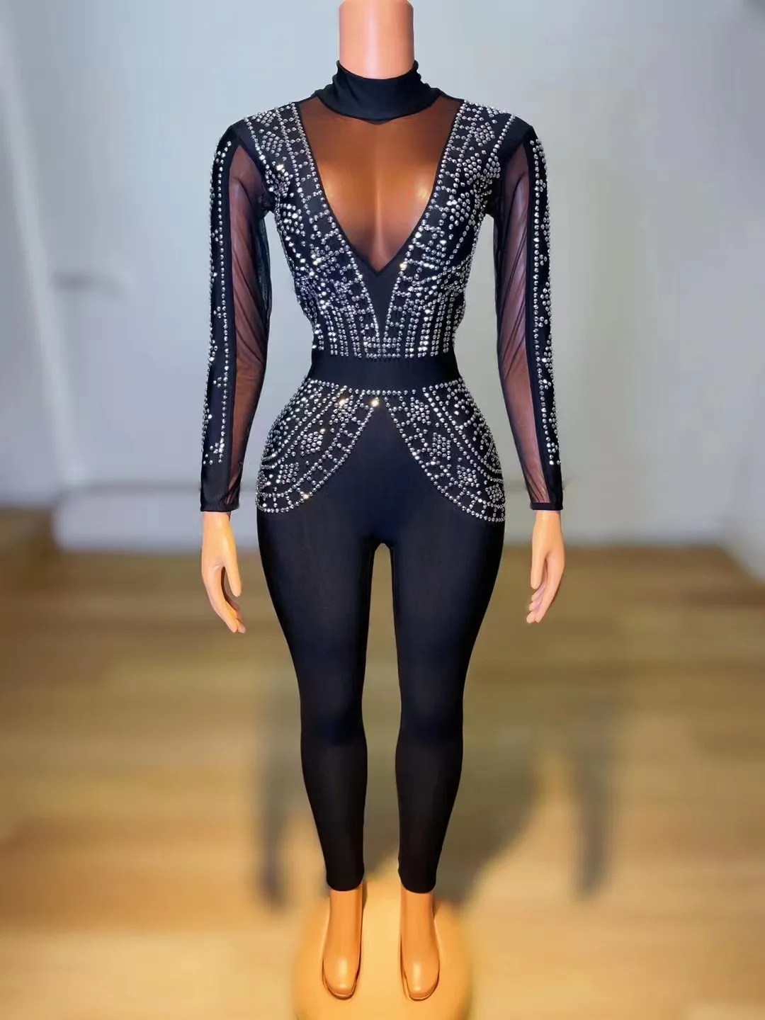 New Black Color Silver Rhinestones Sexy Bodycon Jumpsuit Fashion Celebrate Birthday Party Jumpsuit Nighclub Bar Singer Wear