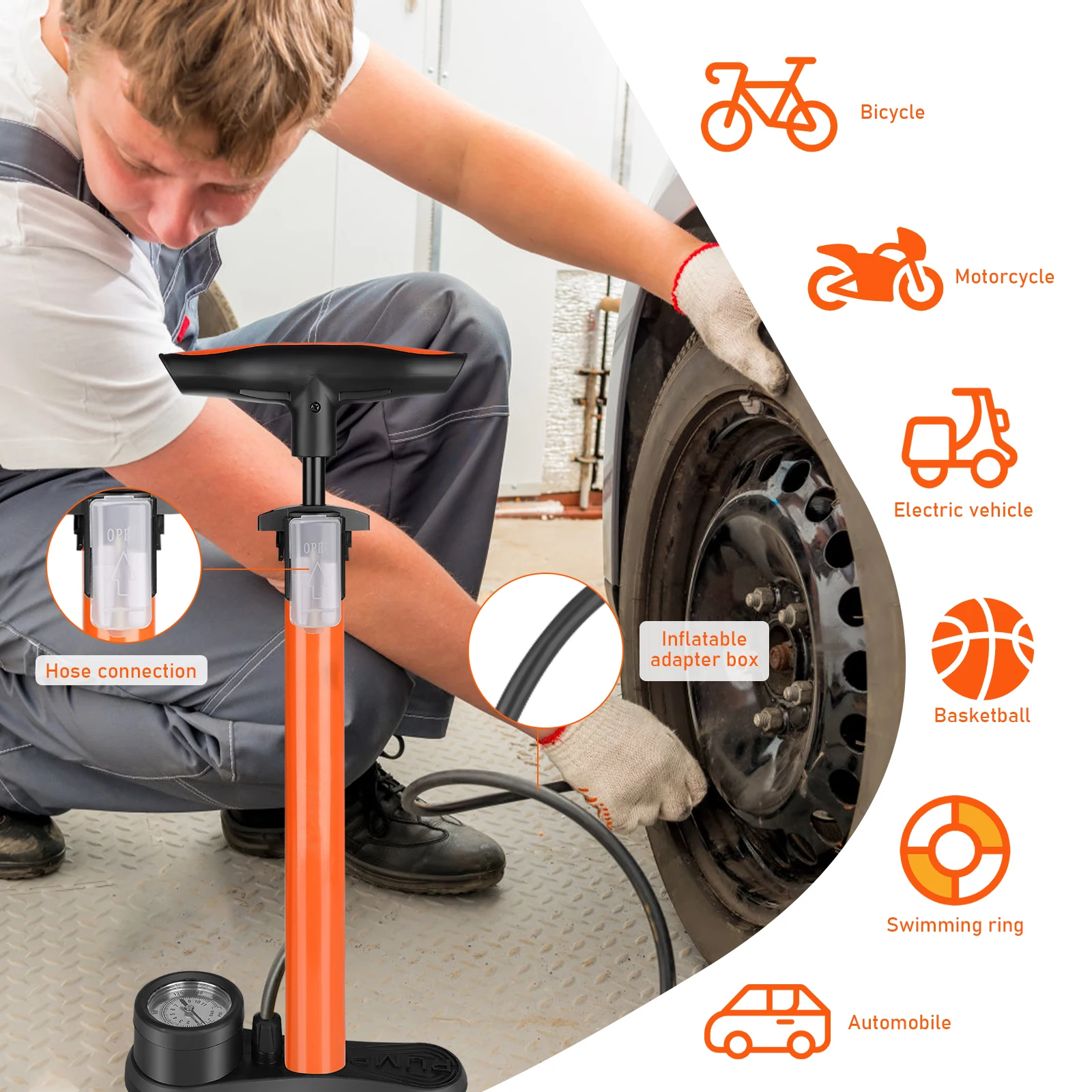 Bike Pump With Gauge Multi-functional Inflator For Bicycles And Cars 160PSI With High-Pressure Gauge And 3-in-1 Nozzle Air Pump