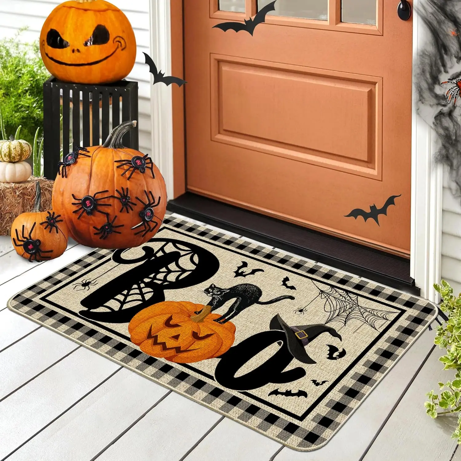 VIKAMA Halloween Eye-Closing Pumpkin Pattern Rug Living Room & Kitchen Stain-Resistant Comfortable Floor Mat Interior Decor