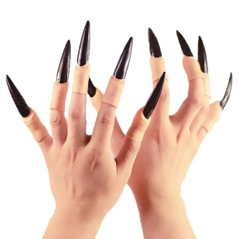 10-teiliges Halloween-Kunstnagel-Set, Schwarz-Rote Cosplay-Geisternägel, Fingerkappen, Hexennägel, Weiche Silikon-Nägel, Party-Verkleidungs-Requisite