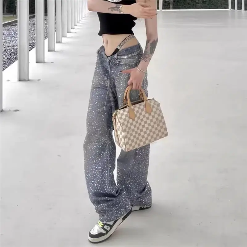 

New 2025 Washed Denim Jeans High Waist Straight Leg Diamond 3D Printing Loose Fit Trendy Brand Water Washed Casual Trousers