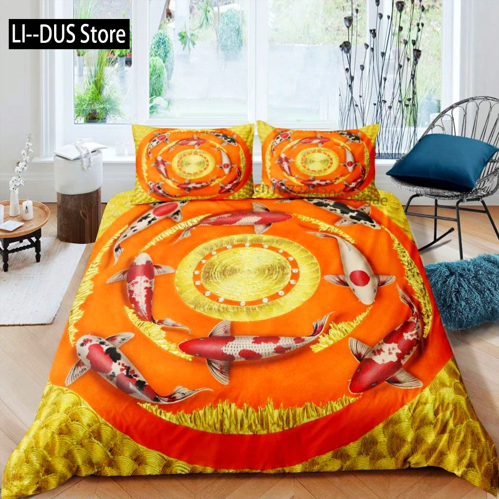 Koi Fish Duvet Cover Set King Size Oriental Asian Culture Lotus Bedding Set Microfiber Twin Cloud Quilt Cover For Girl Farmhouse - Image 2