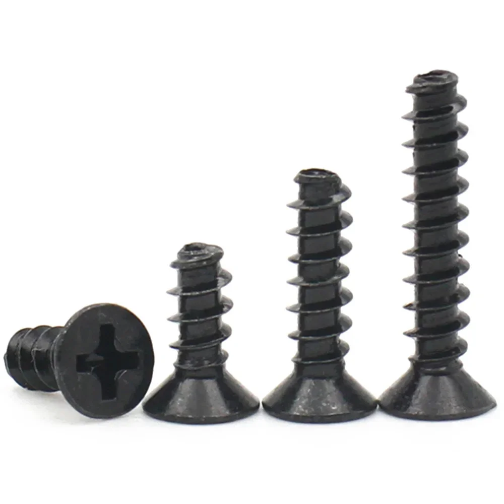 50-500pcs Black Carbon Steel M1 M1.2 M2 M2.3 M2.6 M3 M4 Mini Screw Cross Recessed Countersunk Head Self-tapping Screw