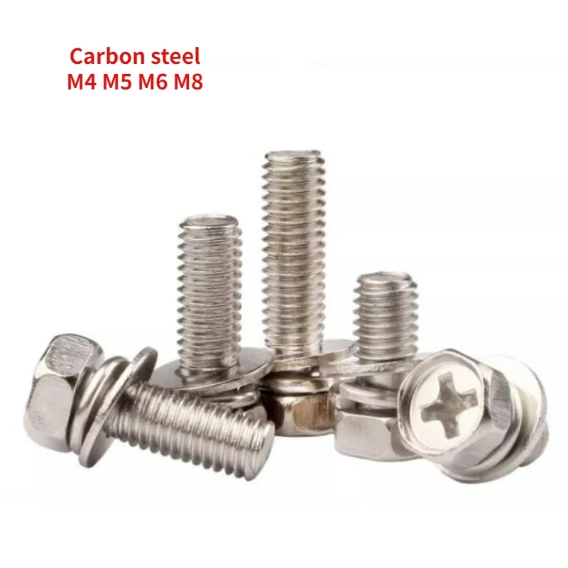 20/50/100pc M4 M5 M6 M8 Nickel Plated Cross Hexagonal Triple Combination Screw with Flat Spring Washer Combination Bolt External