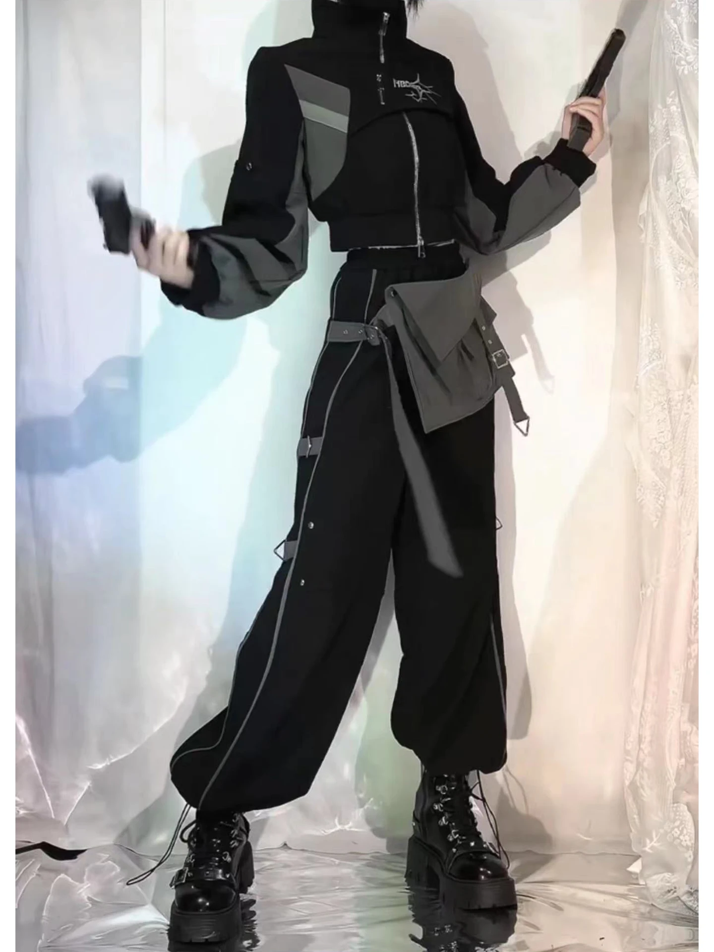 

Japanese Style Patchwork Color-Block Black Gray Short Jacket + Cargo Pants Set for Women Ins Autumn New High-End Two-Piece Set