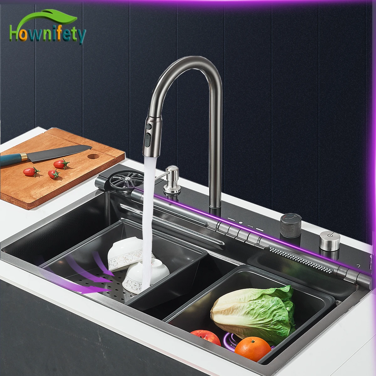 Gun Grey Intelligent Digital Display Waterfall Kitchen Sink Temperature Control Pure Water Large single Basin Above Counter