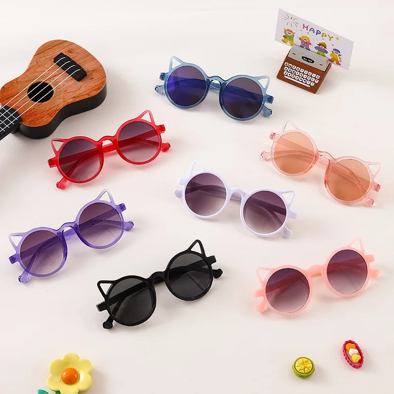 Lunettes de soleil rondes à oreilles de chat pour enfants, lunettes de soleil de dessin animé pour filles, lunettes de soleil d\'extérieur pour bébé