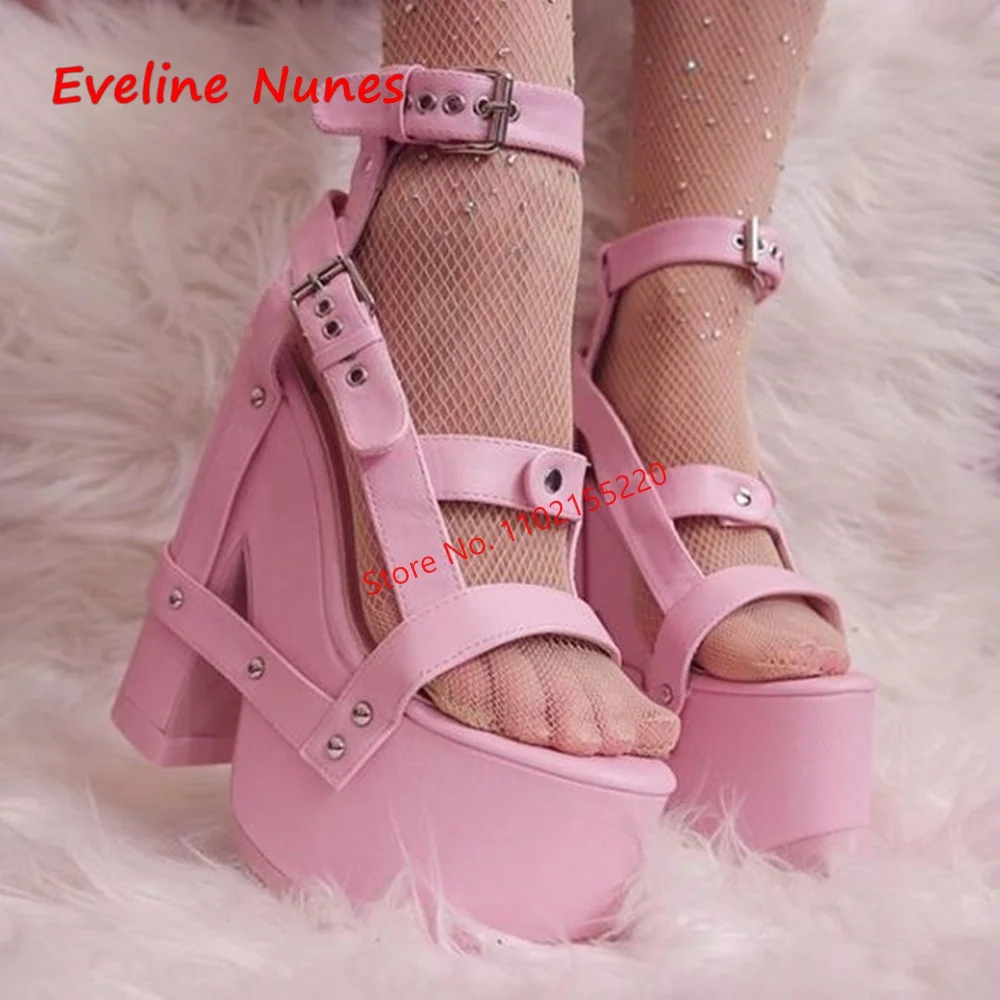 Pink Buckle Strap Platform Sandals Women's New Arrival Round Toe Chunky Heel Rivets Fashion Classic Shoes For footwear