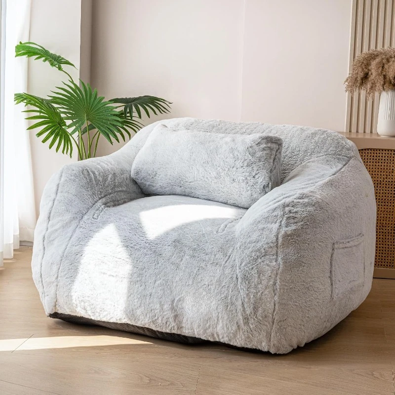 Giant Bean Bag Chair with Pillow, Faux Fur Bean Bag Sofa for Adults Large Fluffy and Comfy Bean Bag Couch with Filler