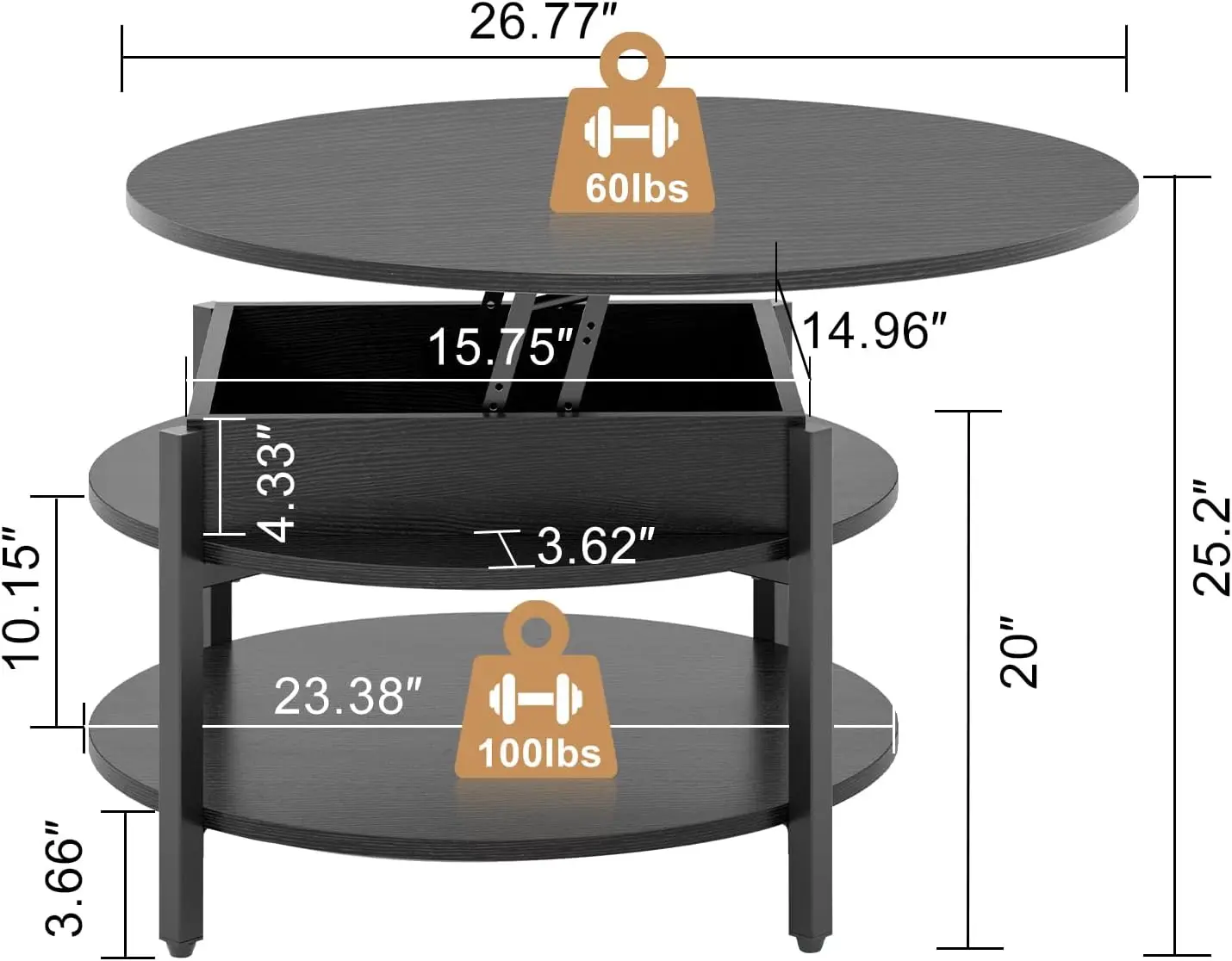 Fabato Round Lift Top Coffee Table With Storage And Hidden Compartment, 26.77'' Farmhouse Coffee Table For Living Room