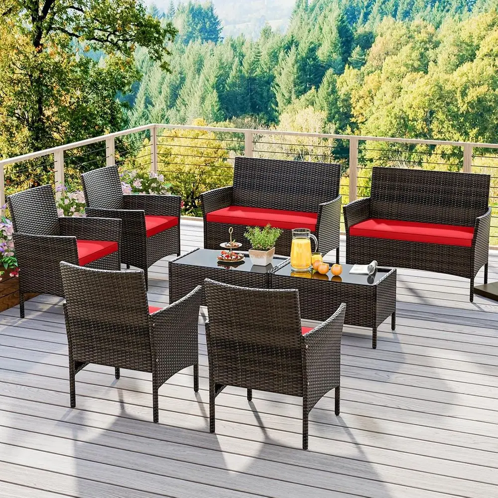 

8-Piece Outdoor Wicker Furniture Set with Loveseat, Chairs, and Glass Table - Red