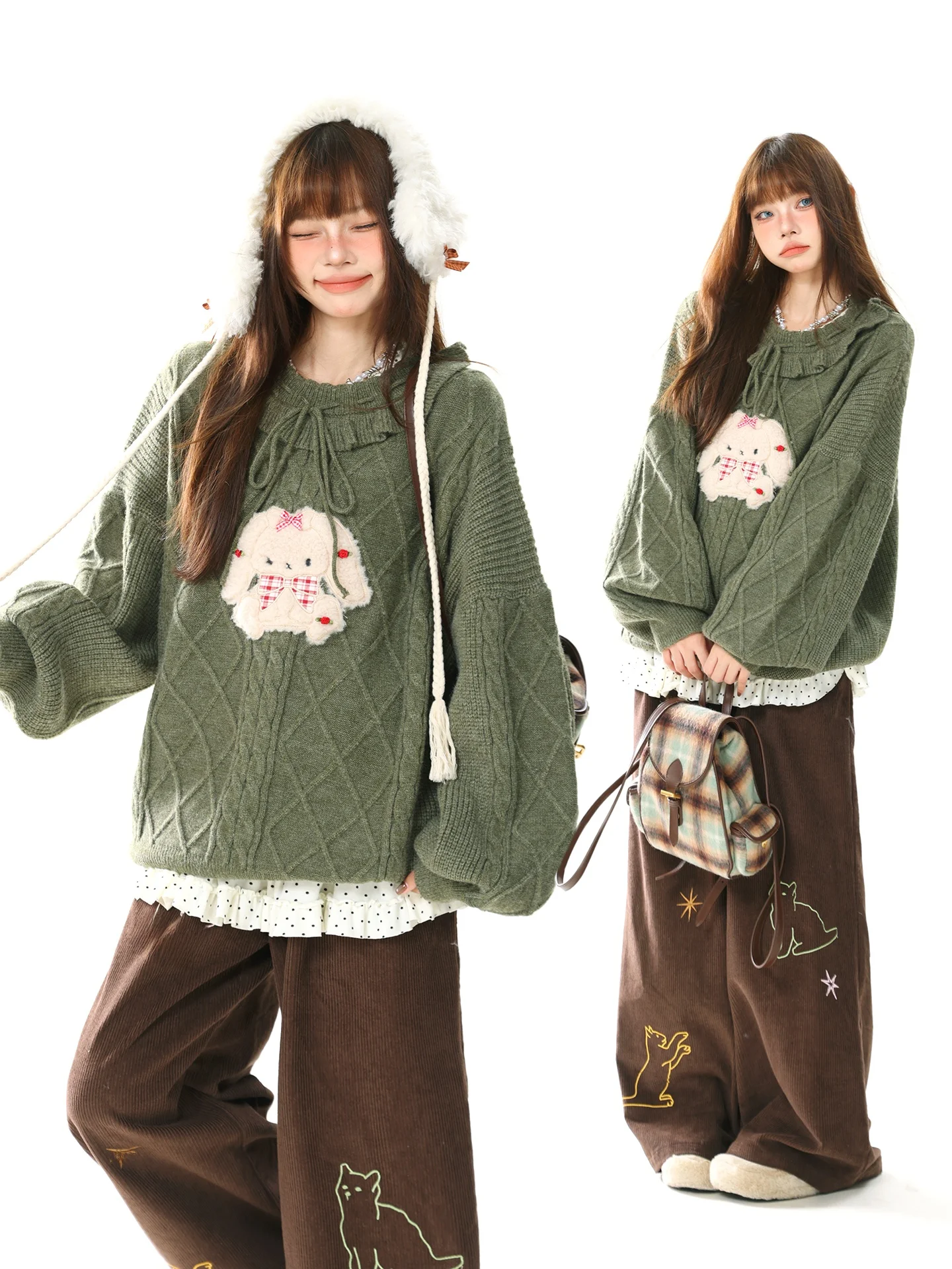 

Ретро лесная система, милый свитер с маленьким кроликом, женский осенне-зимний новый милый вязаный топ с кружевным воротником