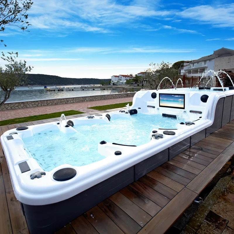 swimming spa with large screen TV Light Emitting Diode lighting massage waterfall jetting system and dual zone design