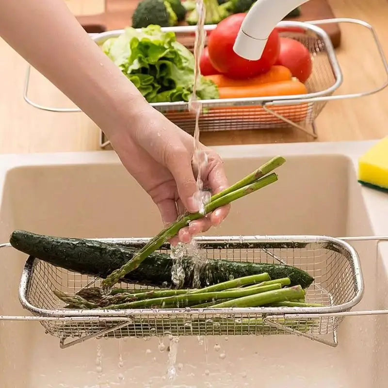 Stainless Steel Sink Drain Basket Adjustable Expandable Colander Large Capacity Vegetable Fruit Organizer for Modern Kitchen