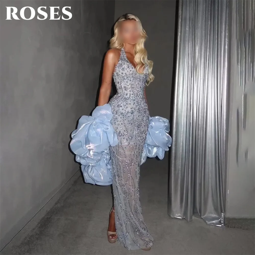 ROSES Ice Blue Evening Dress Halter Neck Detachable Sleeves Party Dress with Crystal vestidos de fiesta Prom Gowns Customized