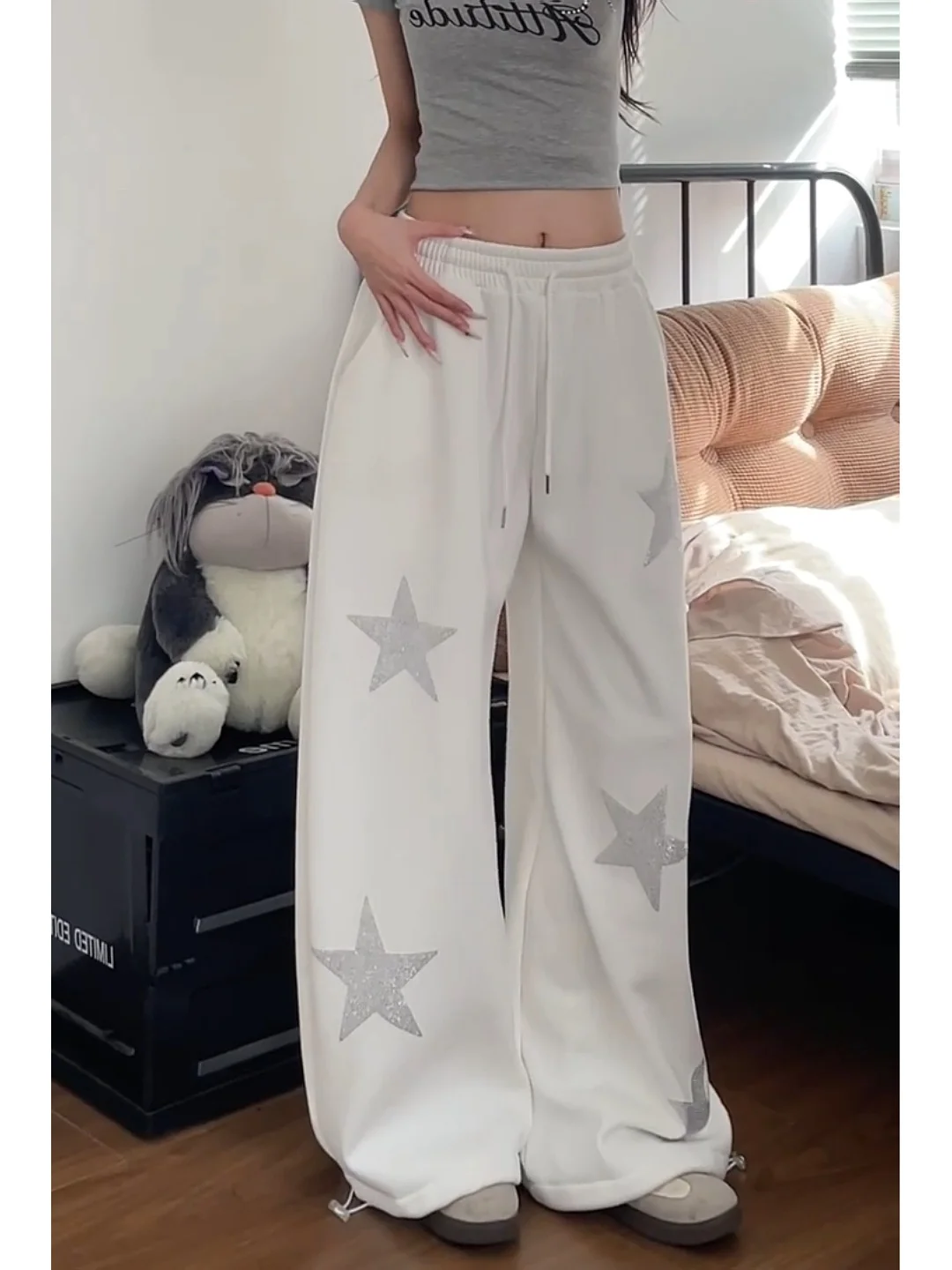 プラスサイズの女性用アメリカンレトロスターラインストーンワイドレッグパンツ、ハイウエスト、ゆったり、スリム、ドレープ、カジュアルパンツ、秋用...