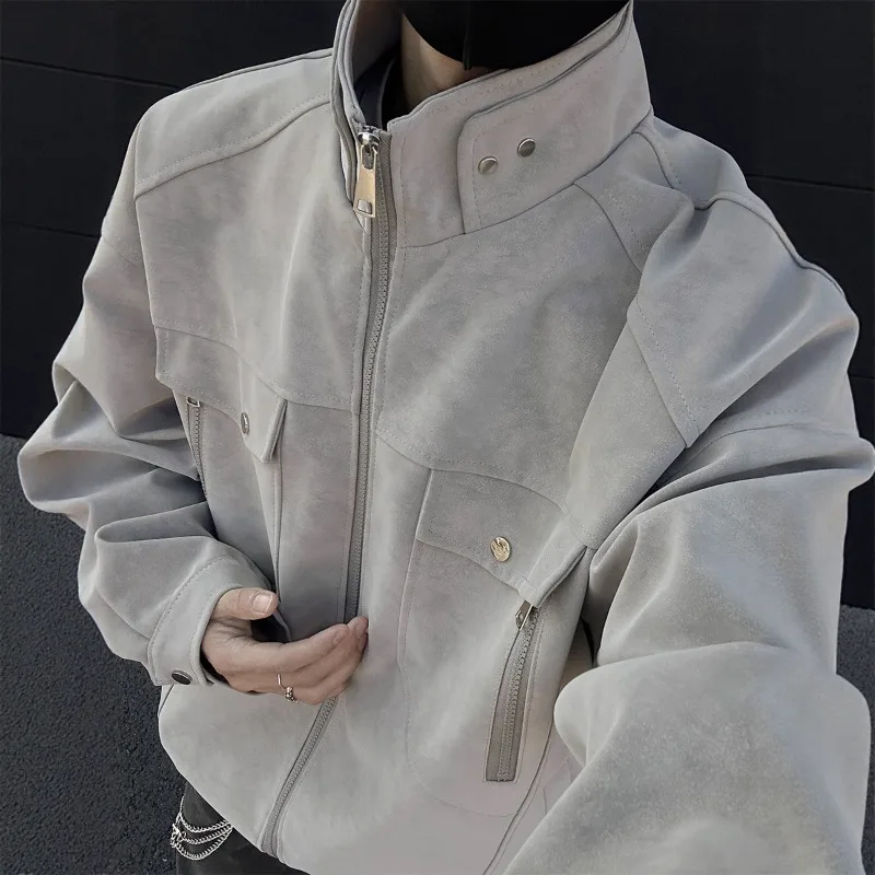 Jaqueta de couro pu masculina outono e inverno gola alta americana retrô roupa de trabalho jaqueta de couro masculina roupas masculinas