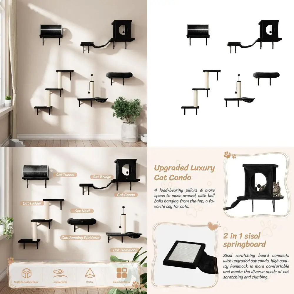 

7-Piece Wall-Mounted Cat Climber Set with House, Tunnel, Bridge, Scratching Post, Hammock, and Shelves in Black