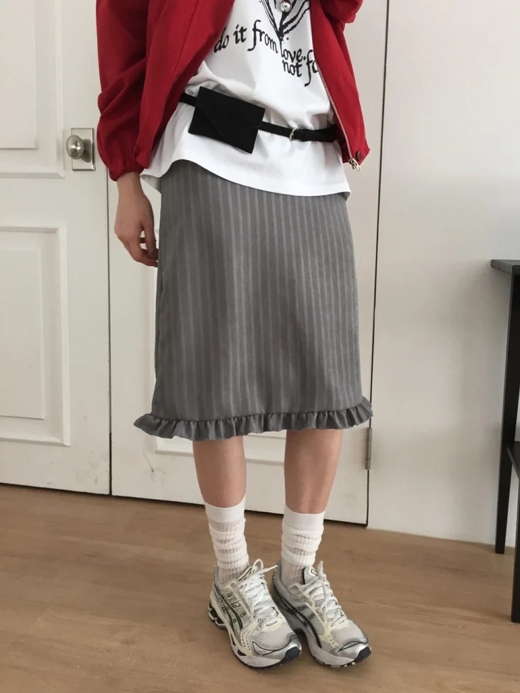 

Retro Sweet Gingham Trim Slit Casual Slimming Versatile Mid-length Skirt Korean Sle High Waist Stripe Pattern Women's Skirt