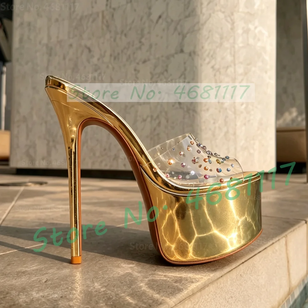 Gold Mirrored Platform Stiletto Mules Women Chic Colored Crystals Clear PVC High Heel Slippers Female Open Toe Outdoor Shoes