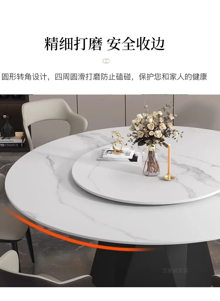 

Italian light luxury rock slab dining table and chair combination household round marble dining table with turntable