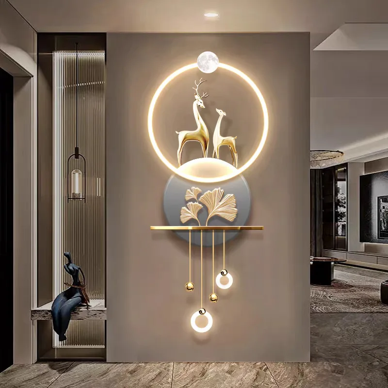 Lamp Equipped Entrance Door Facing The Entrance, Decorative Painting on The Foyer, High-end Hanging Painting on The Hallway