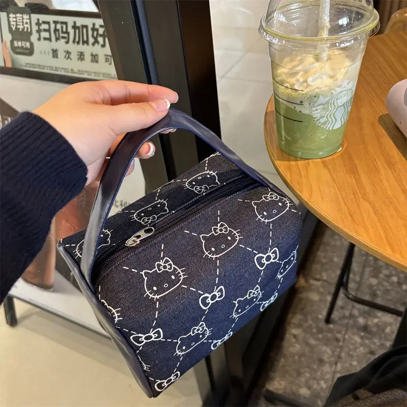 헬로 키티 데님 핸드백 Sanrio Anime Wash Bag 대용량 메이크업 케이스 휴대용 토트 패션 가방 여성용 배낭 선물