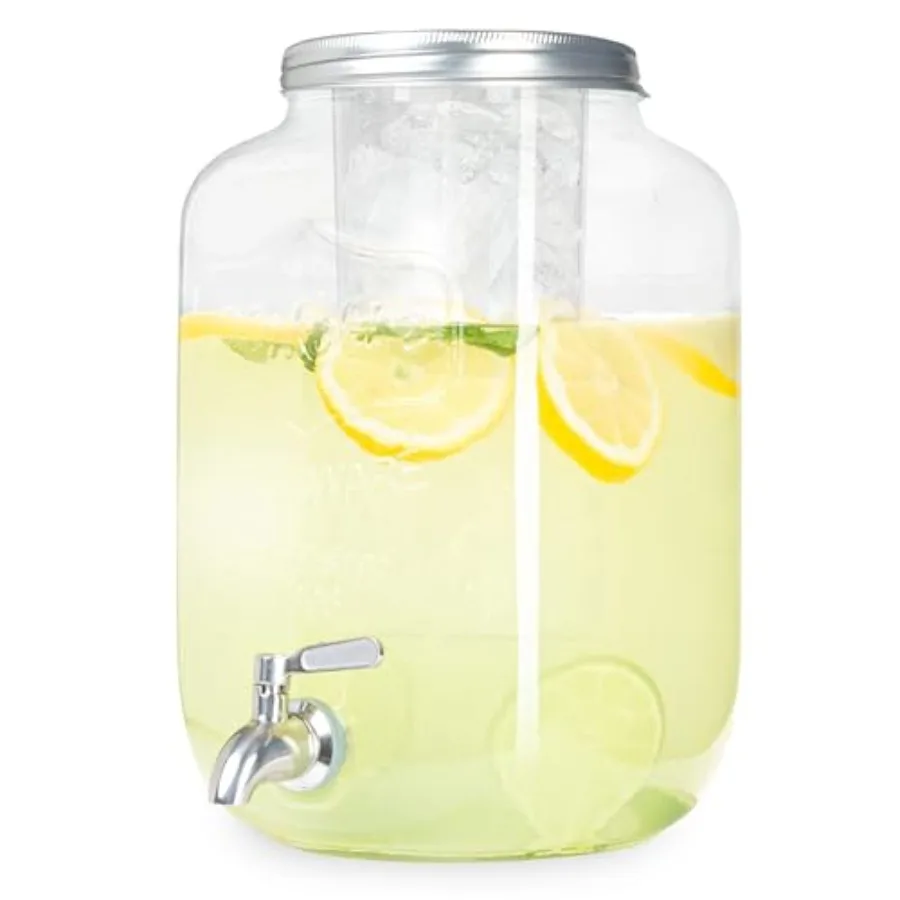 

Outdoor Glass Beverage Dispenser with Stainless Steel Spigot and Ice Cylinder - 2 Gallon Drink Dispenser for Tea, Lemonade, Col