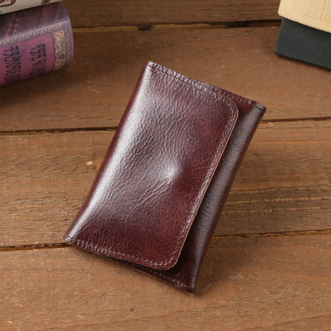 Genuine Leather Mini Snap Purse Vintage Crazy Horse Leather Card Wallet Pouch for Coins Credit Cards Bills Small Wallet for Men