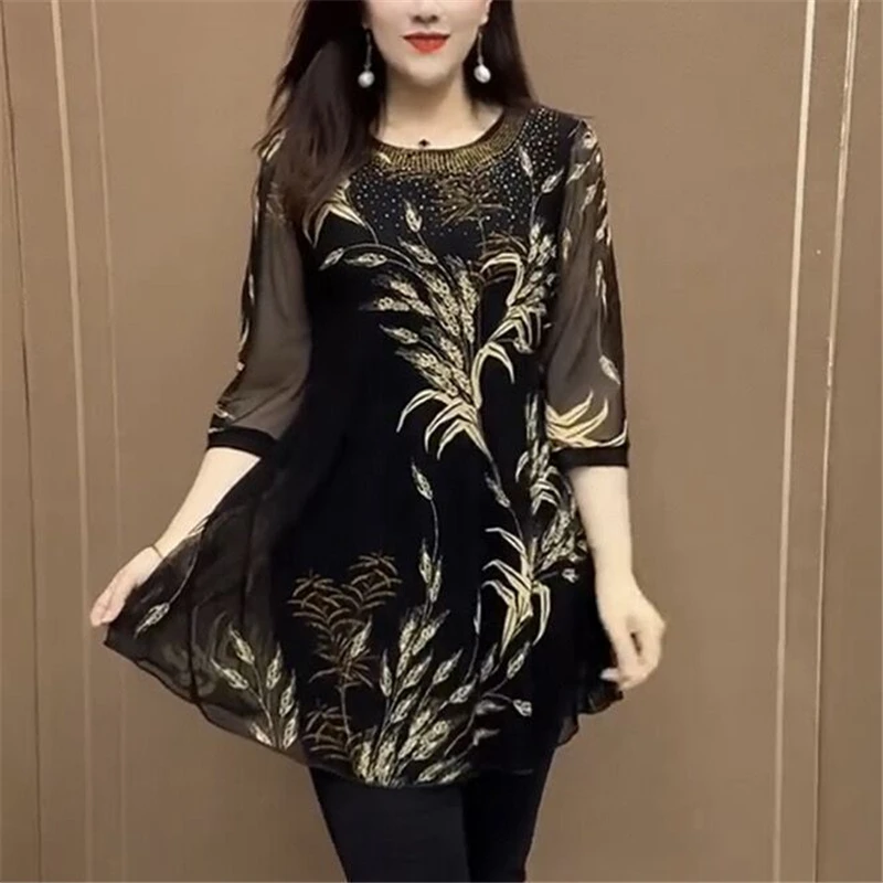 Women Korean Fashion Print Rhinestone Elegant Blouse Summer Ladies Sexy Sheer 3/4 Sleeve Shirts Irregular Loose Tunic Tops Blusa