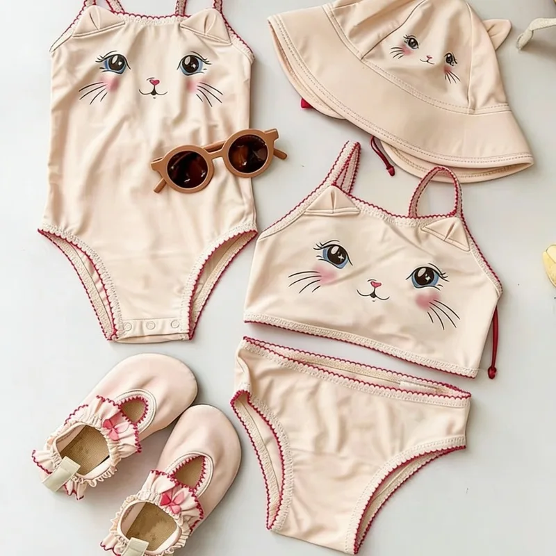 

2026 Summer Girls Swimwears Cute Cat Girls Sling One Piece Two Piece Swimsuit Baby Kids Beach Swimwear Bikini Girl Swimsuits