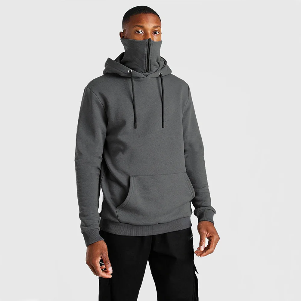 

autumn Hoodies Men 2022 New Winter Fashion Casual Men's Pure Color Hooded Mask Zipper Loose Velvet Long Sleeve Men's Hoodie