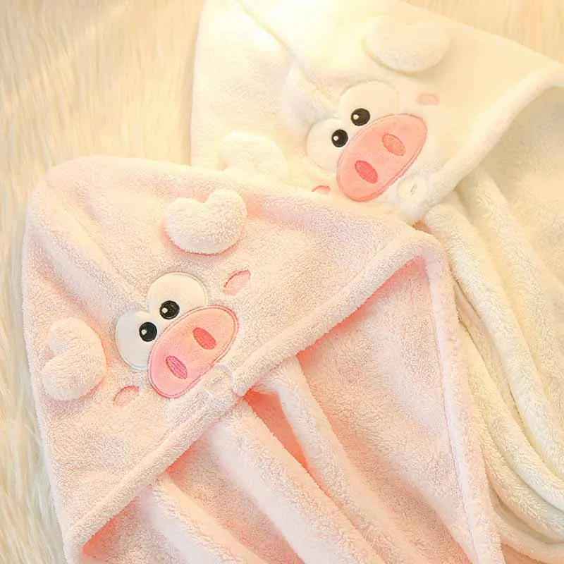 Cute Japanese Style Cartoon Little Pig Dry Hair Cap Magic Microfiber Coral Fleece Shower Cap Absorbent Quick Drying Towel