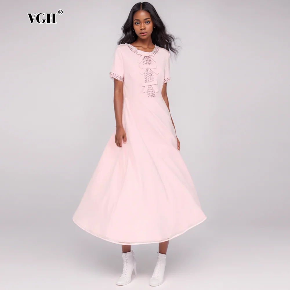 

VGH Elegant Slimming Long Dresses For Women Round Neck Short Sleeve High Waist Spliced Diamonds Temperament Dress Female Style