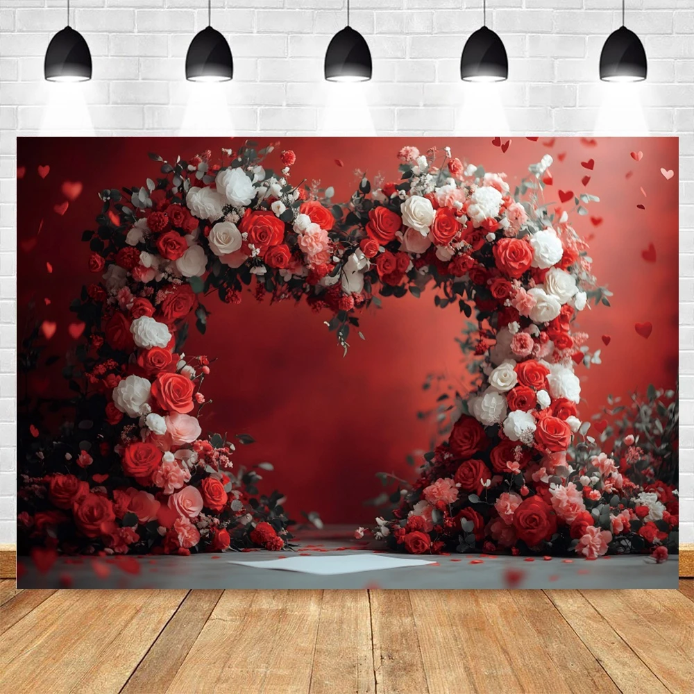 Wedding Flowers Backdrops Love Heart Red Rose Arch Valentine\'s Day Bridal Shower Portrait Photography Background Photo Studio