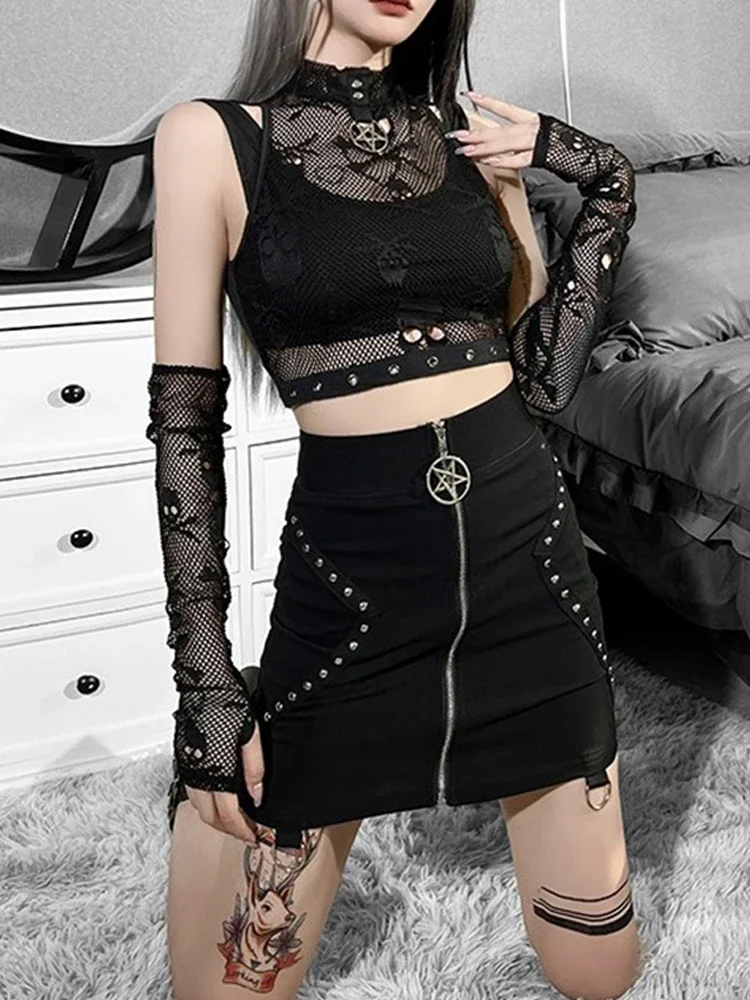 Gothic Skull Patchwork Mesh See Through 2 Pcs Tank Top Fishnet Grunge Punk Black Crop Top with Glove Girl Emo Alternative Vests