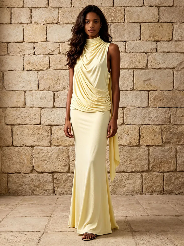 Sexy High Neck Backless Folds Two Piece Dress Sets Yellow Backless Ruffles Crop Top + Mermaid Long Skirt Suits Evening Party Set
