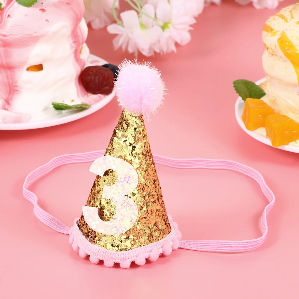 

1pc Glitter Birthday For Baby Girls Kids Party Photo Props Hair Accessories Elastic Ball Birthday Hat Design Golden 3 Years