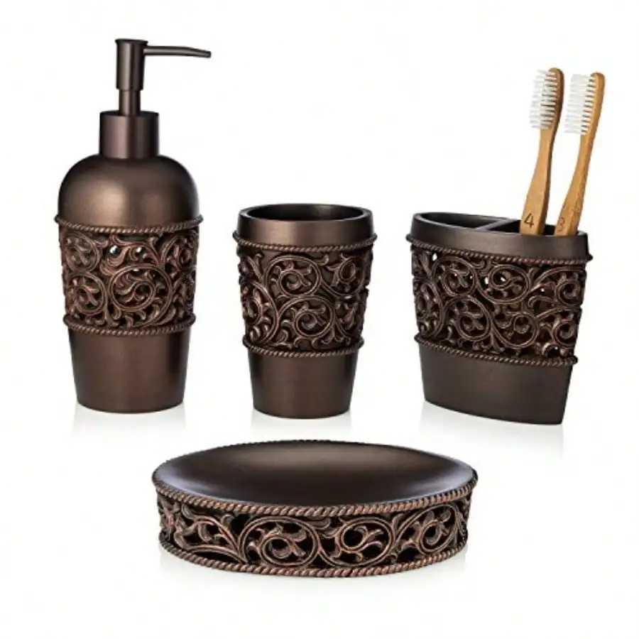 

4-Piece Bronze Bathroom Accessory Set For Modern Home Decor: Complete Set Includes Toothbrush Holder Lotion Dispenser Tumbler