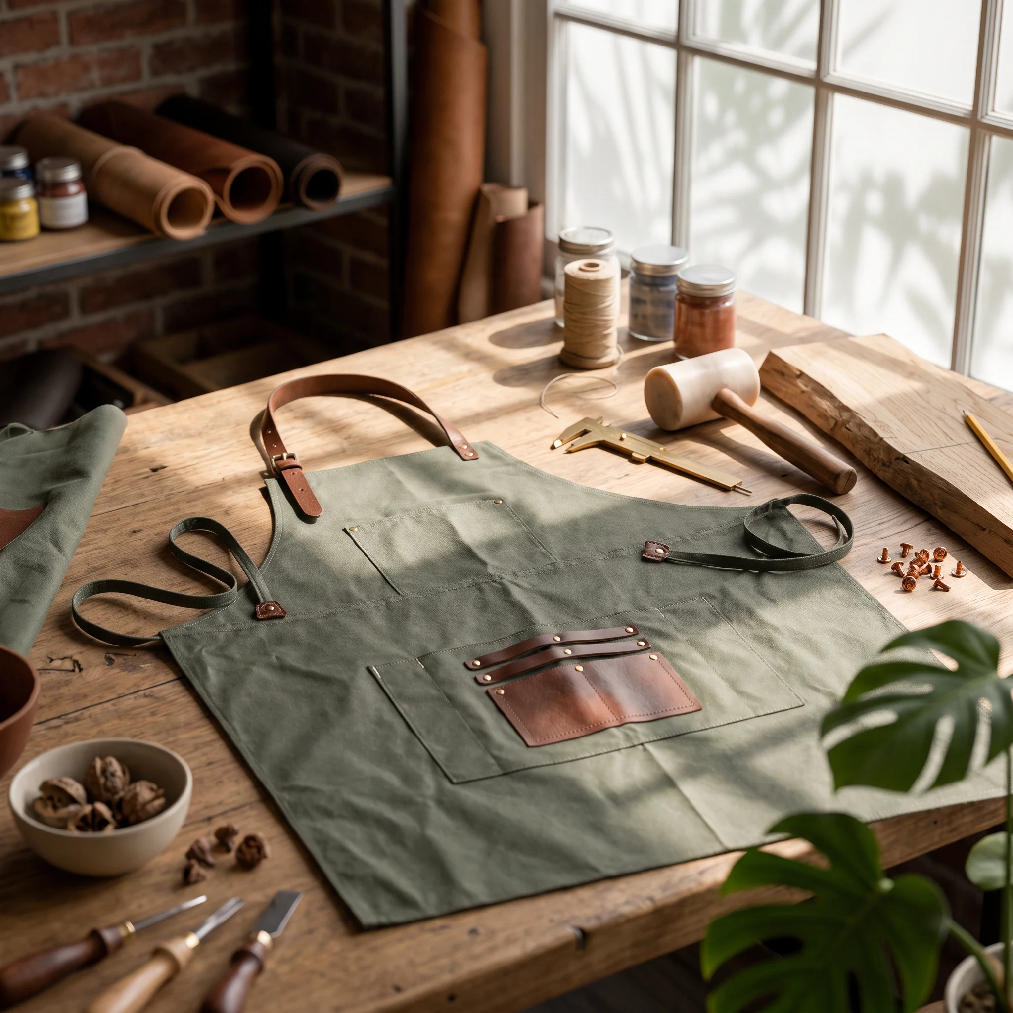 Woodworking Apron - Bib Apron with Leather Straps Reinforced