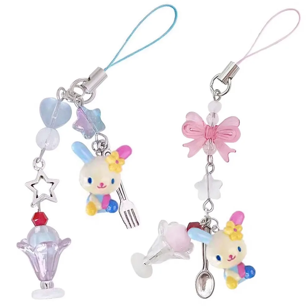 

Cute Usahana Bunny Ice Cream Bead Strap Keyring Mascot Keychains Mobile Phone Chain Women Bag Pendant Keyholder Kids Toy Gifts