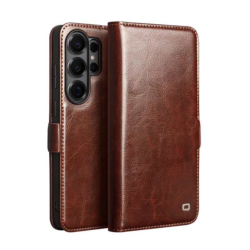 

Retro Solid Color Genuine Leather Flip Cover for Samsung Galaxy S26 Plus S26 Ultra with Built-in Wallet Cards Case