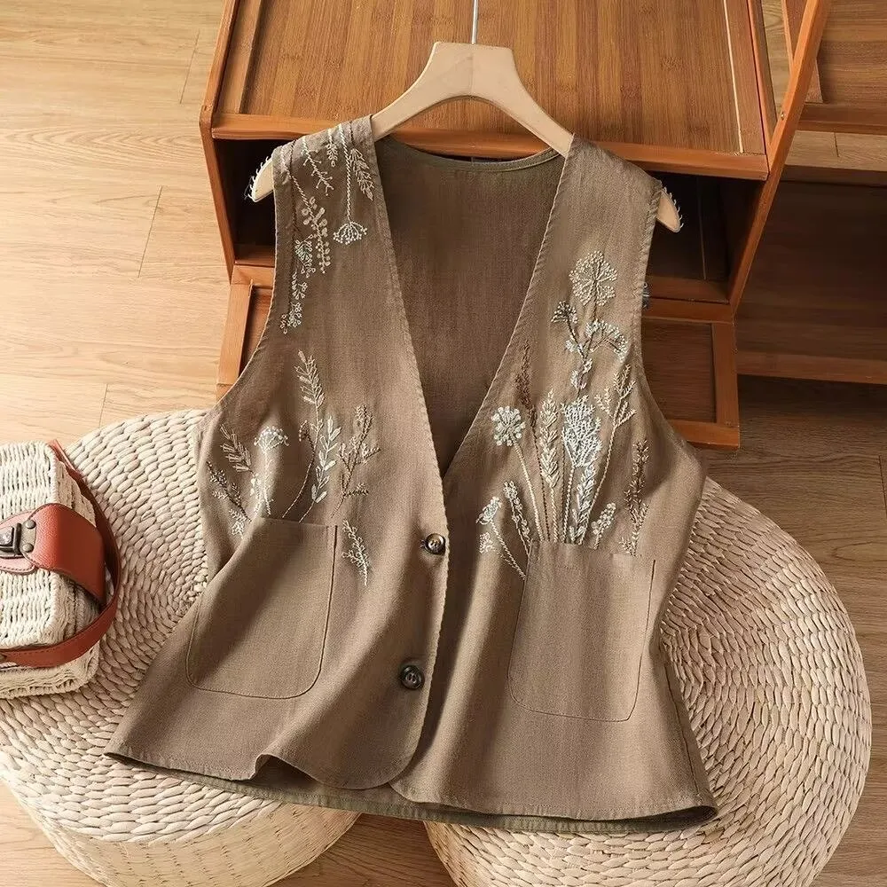 Womens Embroidery Vest Cotton Linen  Waistcoat Summer