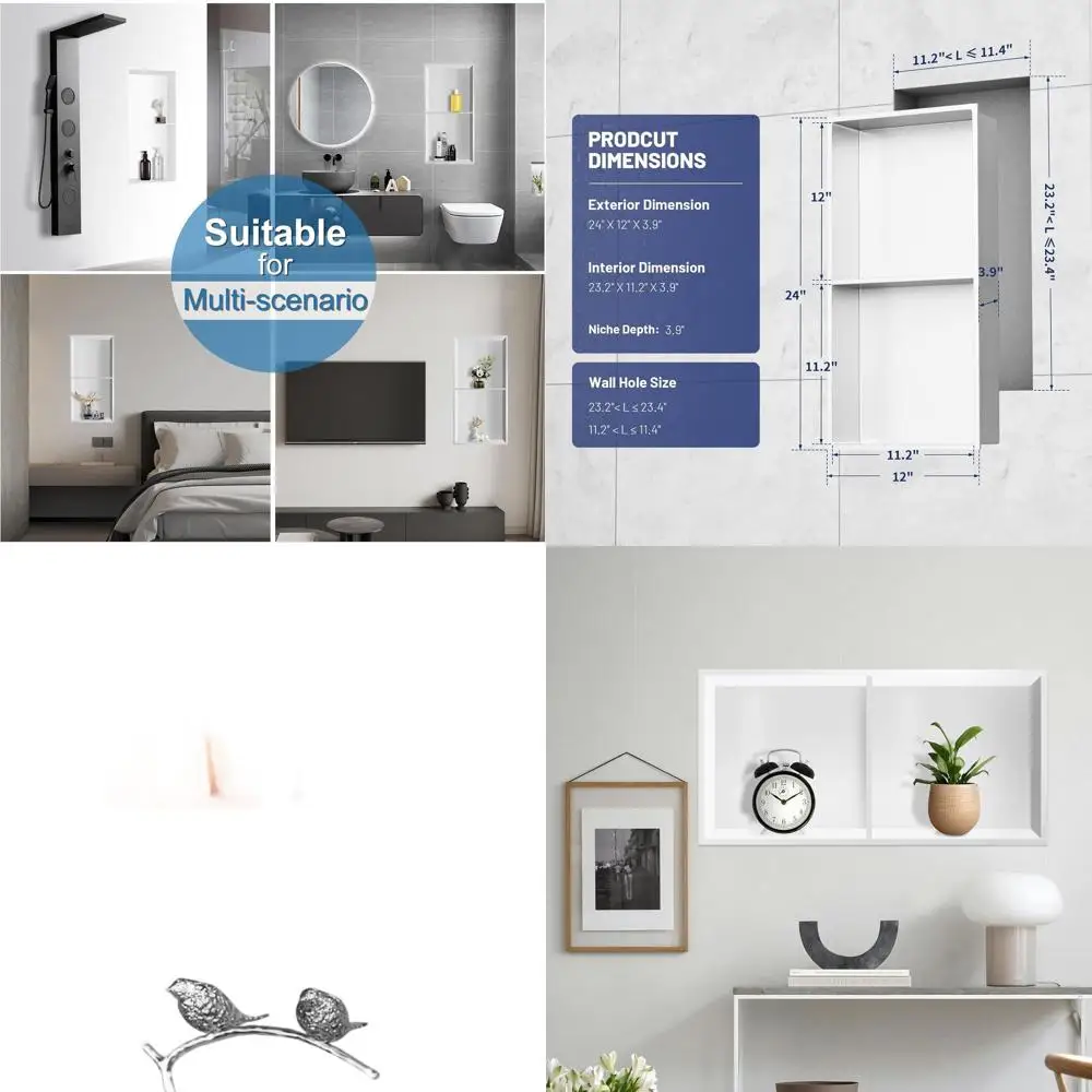 

12 x 24 Stainless Steel Shower Niche, Recessed Double Shelf, No Tile Required, Matte White Finish