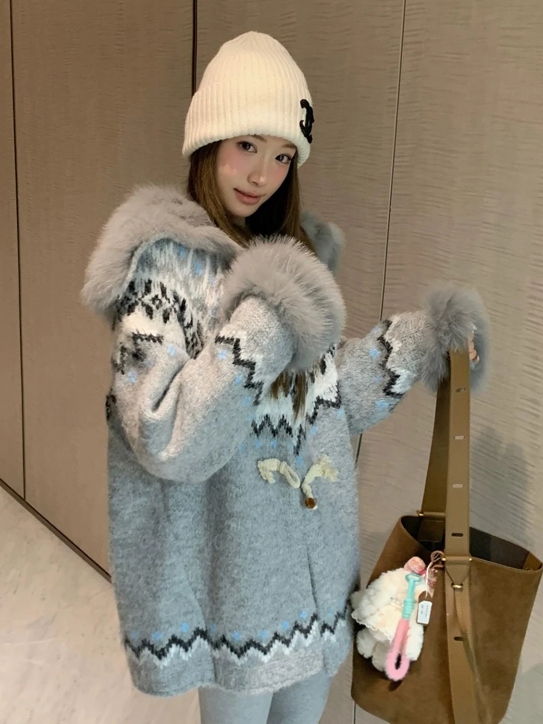 Women's Knitted Open Cardigan Spring Autumn New Loose Design Hat with Fur Collar Vintage Style Long Sleeve Regular Length