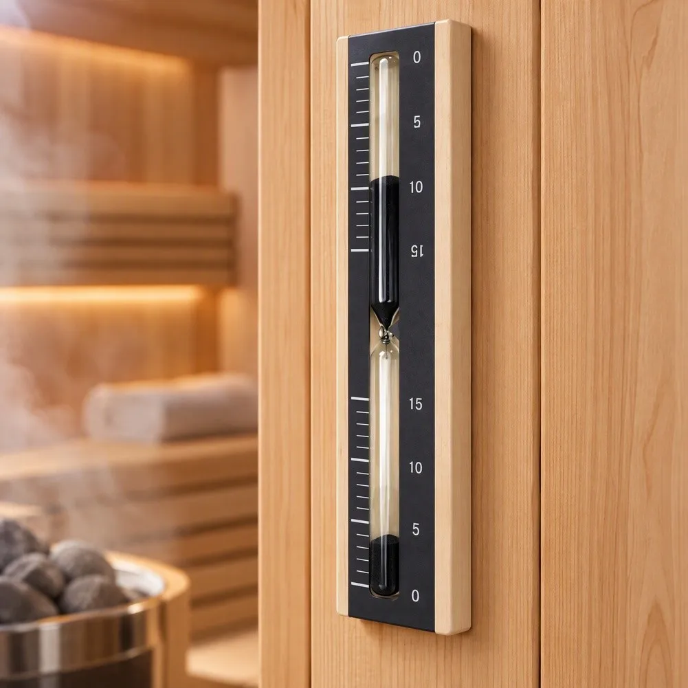 Wooden 15-Minute Hourglass Timer Engineered for Sauna Conditions with Explosion-Proof Glass and Secure Mounting System