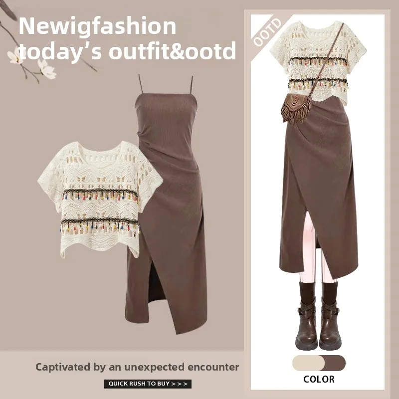 Estate vintage da donna Design Sense etnico Sle scava fuori Cover up Top cinturino asimmetrico Dr set da due pezzi gonna a trapezio