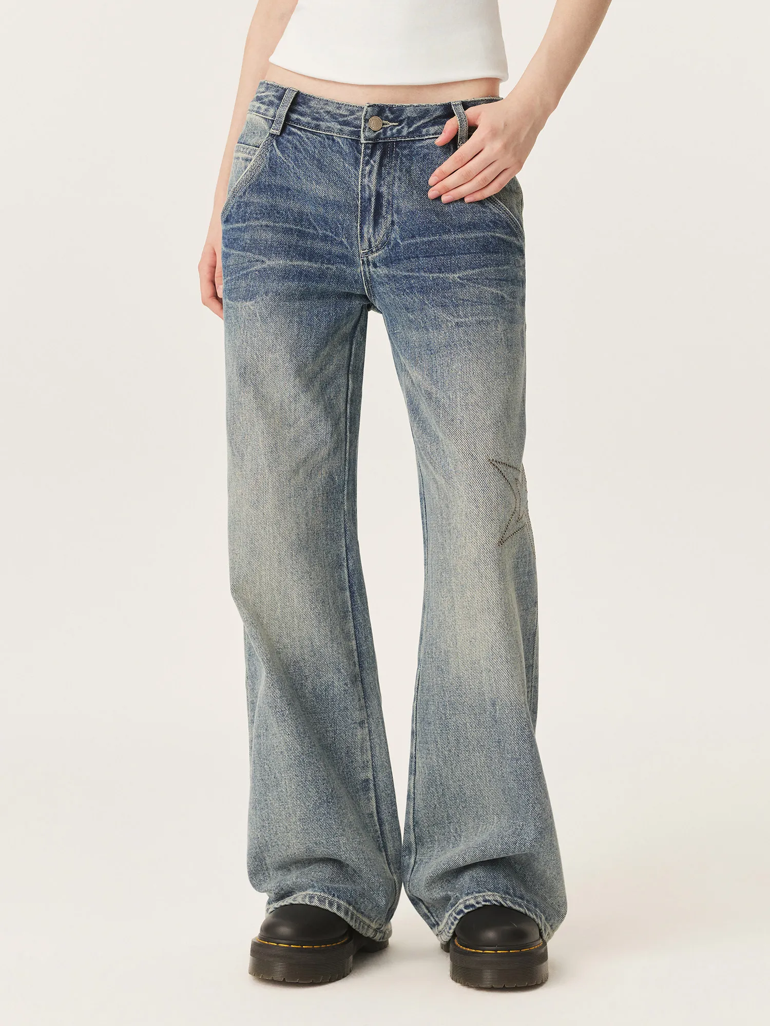 YESCCI Retro Washed Women's Jeans Autumn Star Rhinestone Wide Denim Pants Vintage Stylish Casual Trousers For Woman Y726081120
