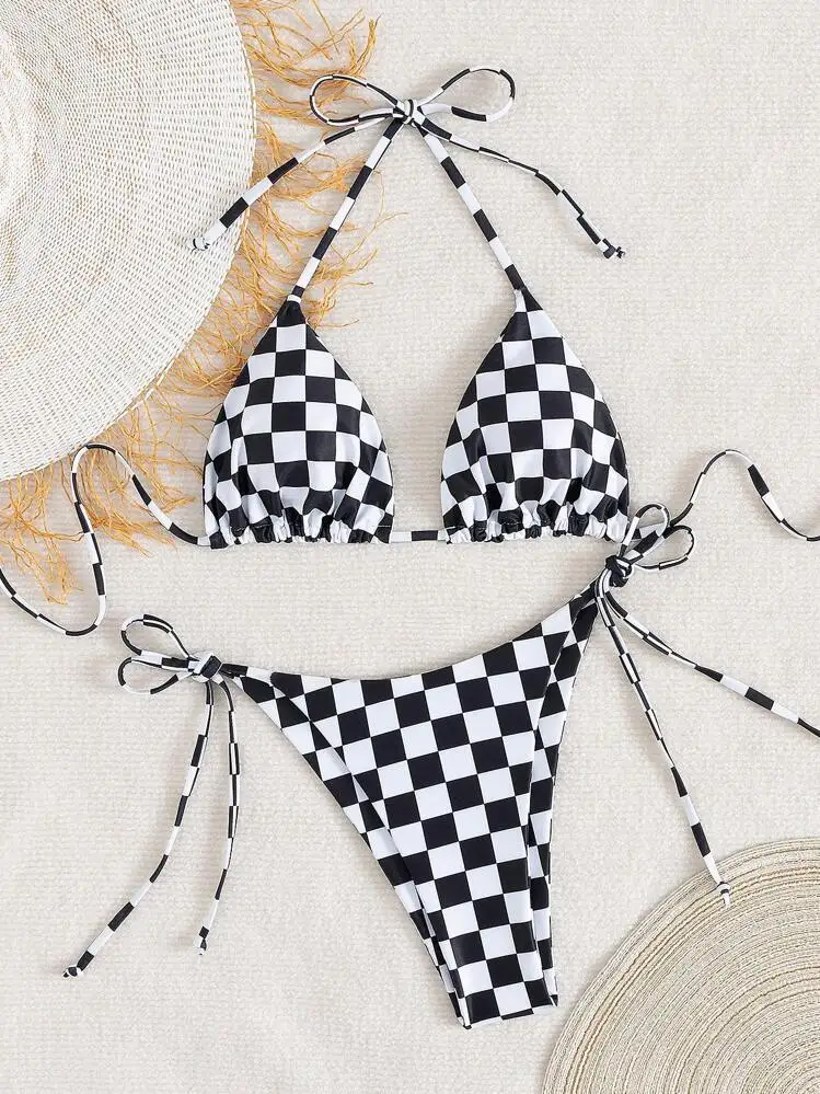 2026 Sexy Black White Plaid Double Layered Bikini Swimsuit High Elastic Quick Dry Swimming Costume Women's Fashion Swimwear